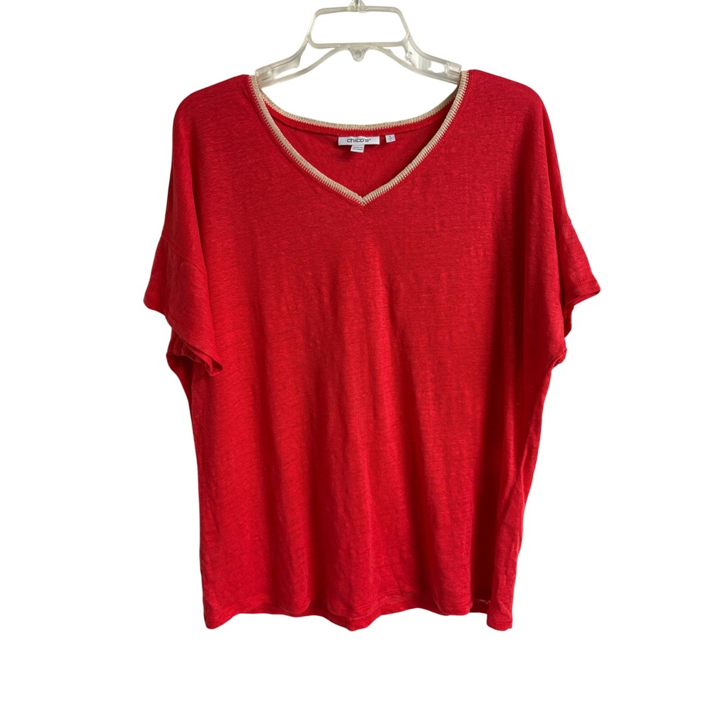 Chicos Red 100% Linen V-Neck T-Shirt Gold Trim Short Sleeve Size 2 Large